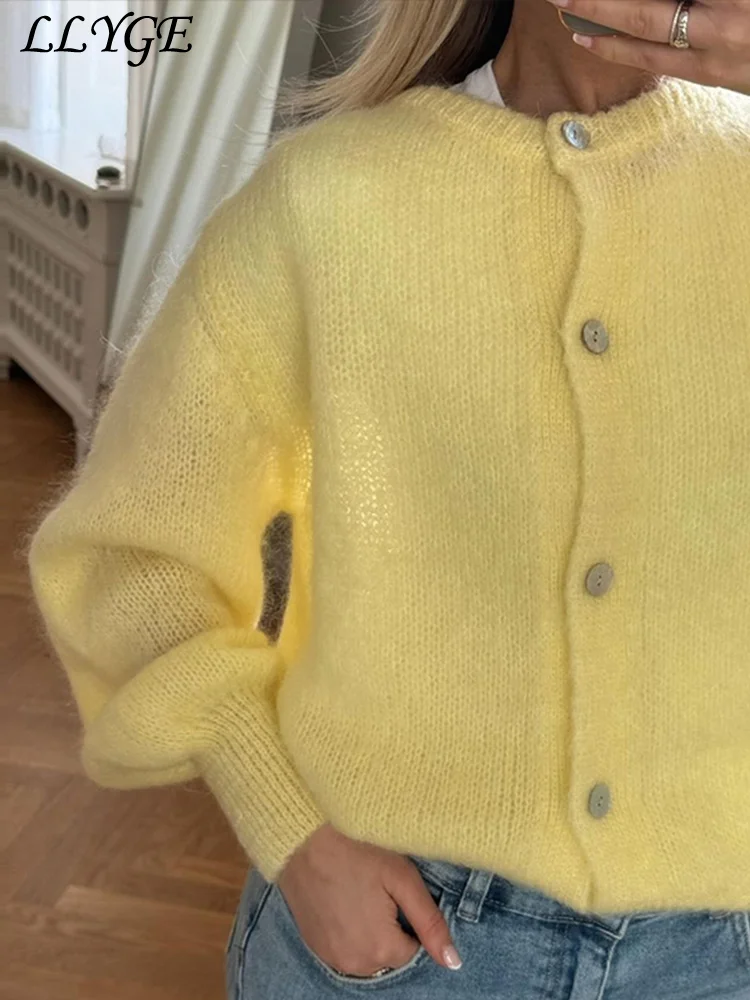 Lässig gestrickte Mohair-Strickjacken Frauen solide o Hals einreihige Langarm pullover 2024 Herbst rosa All-Match-Strickwaren neu