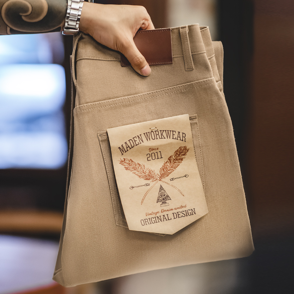 Maden khaki生デニムジーンズ、ストレートパンツ、カジュアルパンツ、ソリッドパンツ、レッドラインセルベエッジ、メカジ、11.7オンス