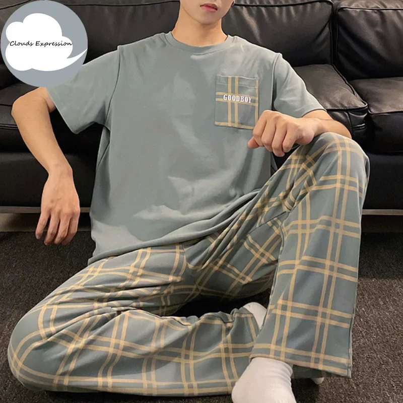 Verão de malha xadrez legal pijamas dos homens pijamas casuais pjs lounge define masculino pijamas pijamas 3xl homewear moda