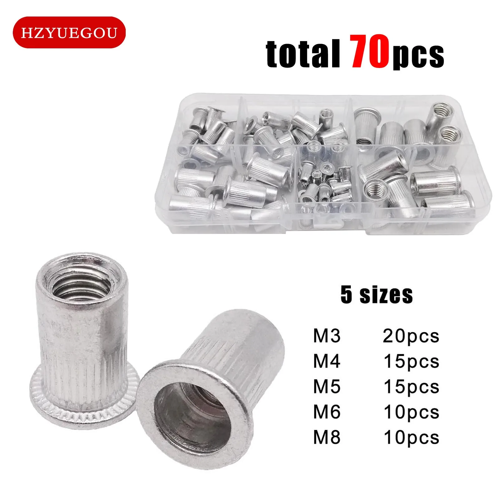 70/205 unids/caja tuerca de remache de inserción de aluminio Nutsert Mix M3 M4 M5 M6 M8 juego de tamaños surtido Kit cabeza plana de alta calidad