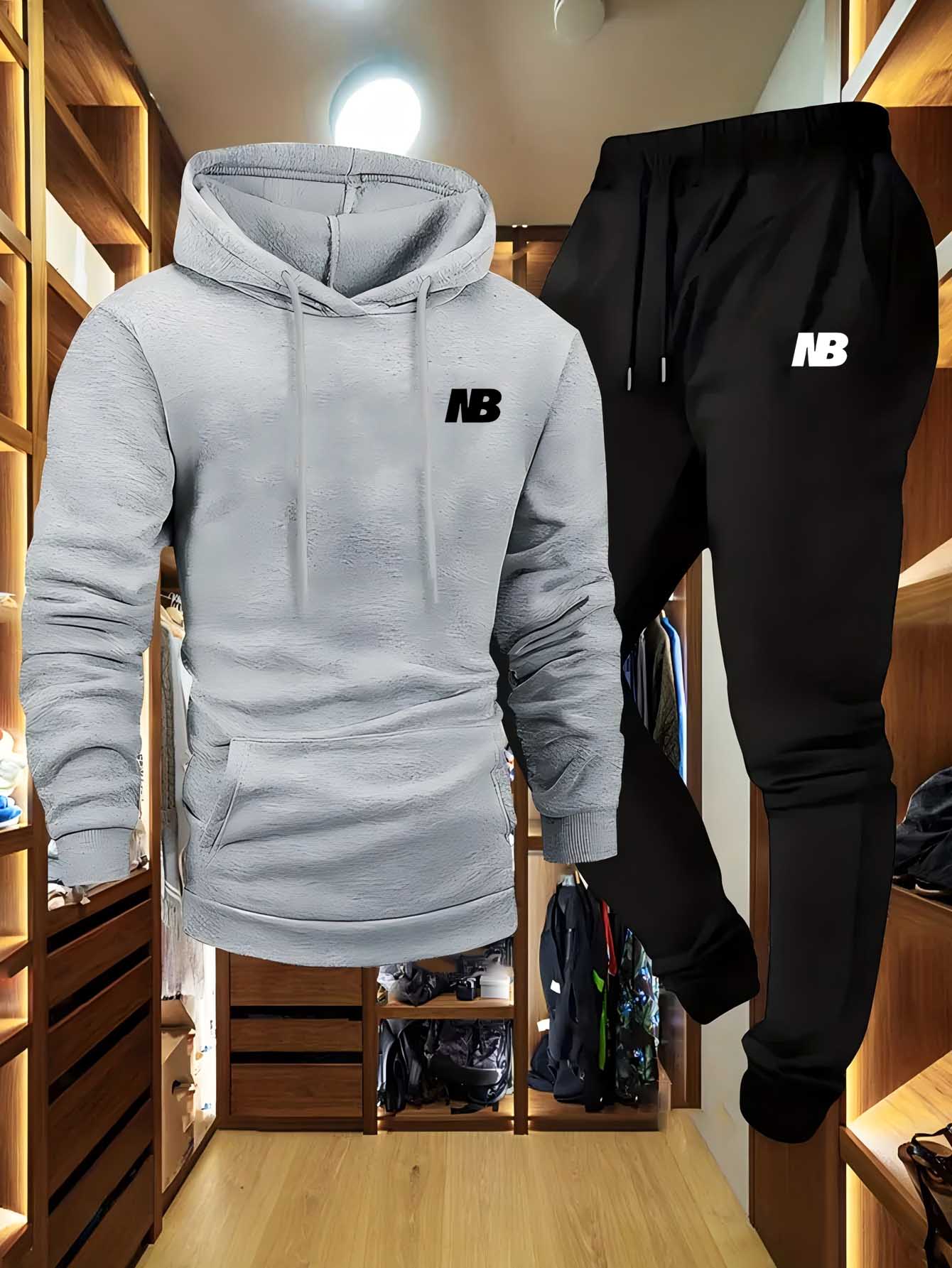 Conjunto esportivo masculino de duas peças com capuz e calças cinza preto logotipo não elástico ajuste regular com bolsos para outono/inverno