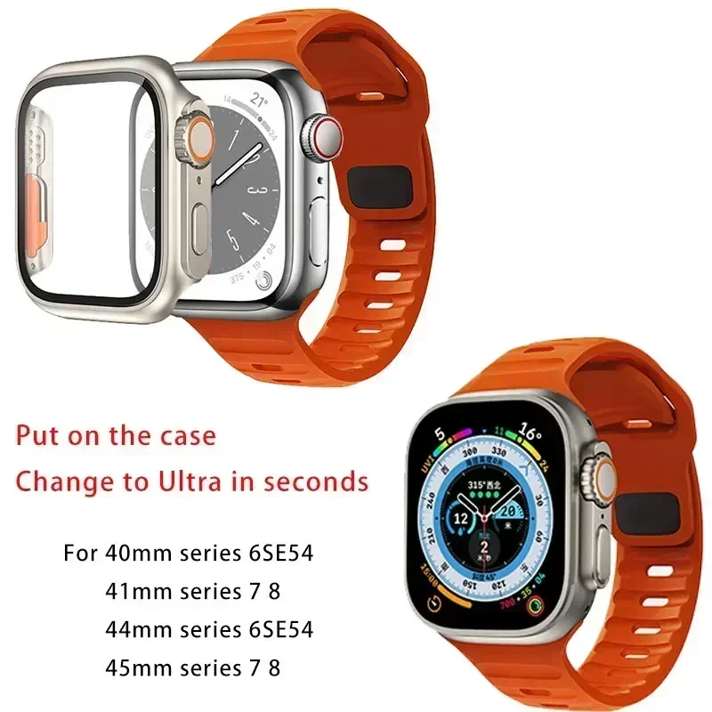 เคส + สายสำหรับ Apple สายนาฬิกาข้อมือเปลี่ยนเป็น ULTRA 2 45มม. 44มม. 41มม. 42 40มม. สายรัดข้อมือซิลิโคนอัจฉริยะ iWatch Series 3 4 5 6 SE 7 8