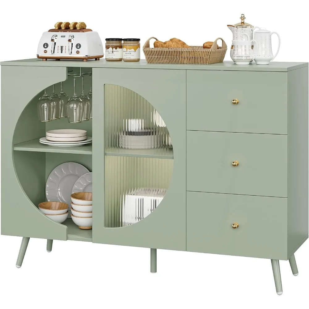 Coffee Bar Cabinet with Fluted Glass Door, Modern Cream Style Buffets & Sideboards with Wine Glass Rack