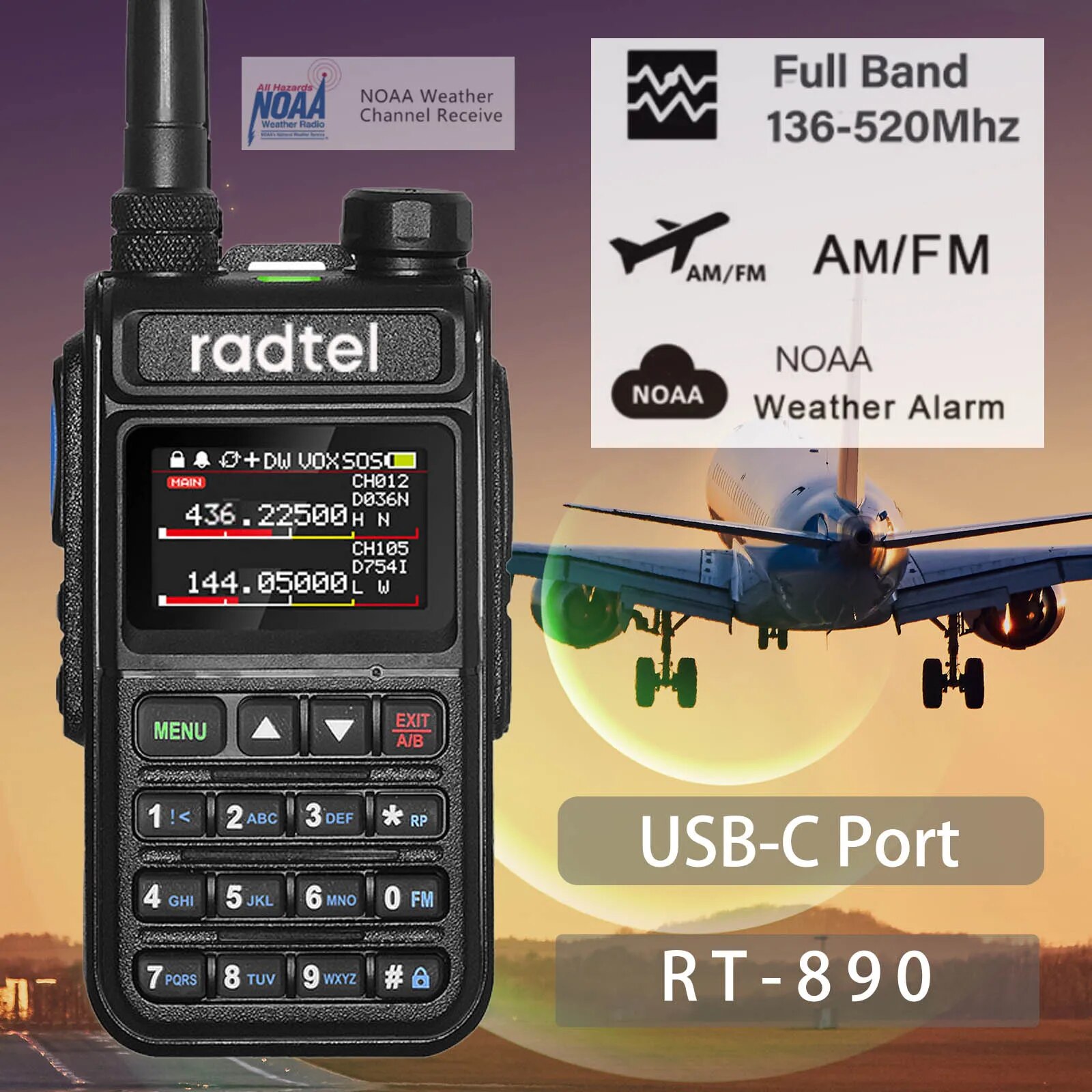 Radtel-Banda completa Ham Radio, Amador 2 Way Radio, Walkie Talkie 999CH, AM Air Aviation, Scanner a cores, Marinha NOAA Scan, RT-890
