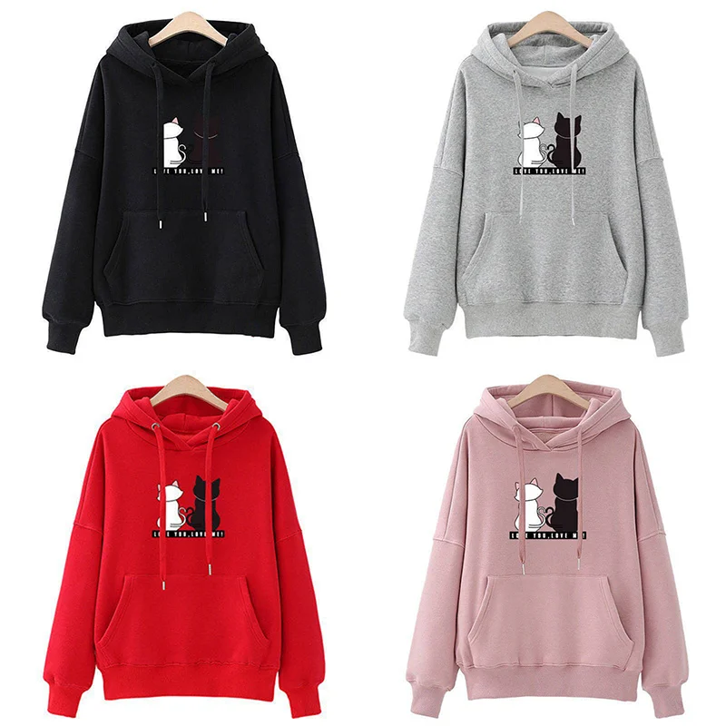 Sudadera con capucha de otoño 2024, Sudadera con capucha informal para mujer, Sudadera con capucha creativa, ropa de calle a juego, sudadera con monograma con patrón de gato bonito CYXX077
