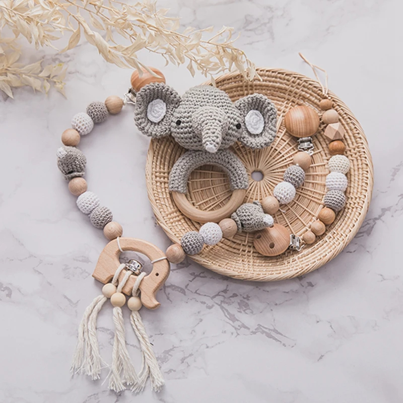 Cadena de cochecito colgante de elefante para bebé, cochecito móvil de dibujos animados, cuentas de ganchillo, cuna para bebé, gimnasio, sonajero, juguetes de madera, regalos, juguete de dentición