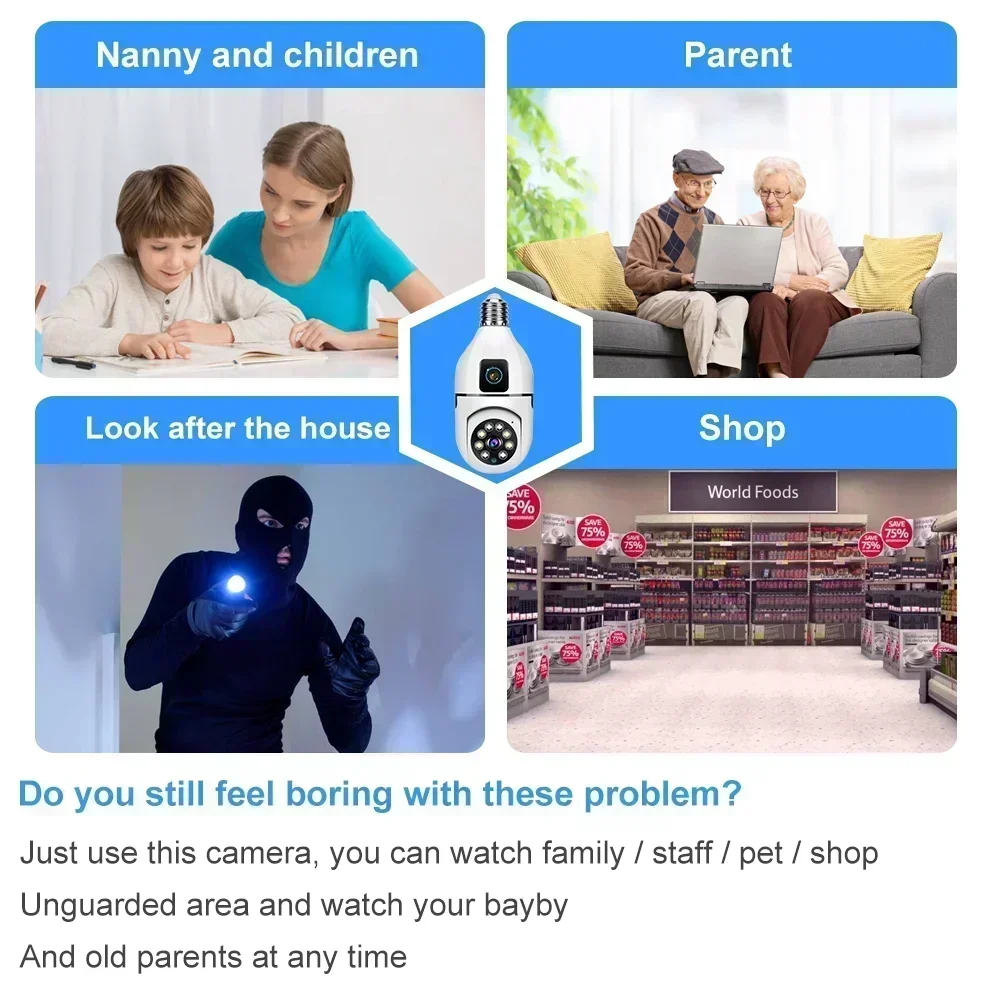 4K 8MP E27 Bulb WIFI Camera Dual Lens Color Night Vision Human Tracking Wireless Two-way Audio Cameras Indoor Surveillance Cam