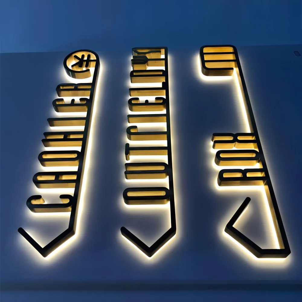 Insegne con lettere a LED retroilluminate personalizzate per esterni in acciaio inossidabile, segnaletica per negozi con illuminazione posteriore a LED, lettere con nome pubblicitario a LED illuminate con halo