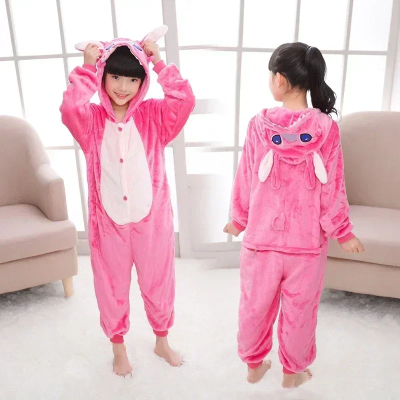 Pigiama di peluche Kawaii Disney Stitch inverno caldo cartone animato Cosplay carino casa tuta pigiama set ragazzo ragazze compleanno regali di Natale