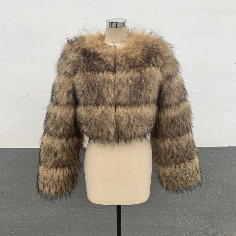 Frauen Faux Waschbär Fuchs Pelzmantel abgeschnitten Mode o Hals Langarm flauschige kurze Kunst pelz Jacke Frauen Winter Puffer Jacke Mäntel