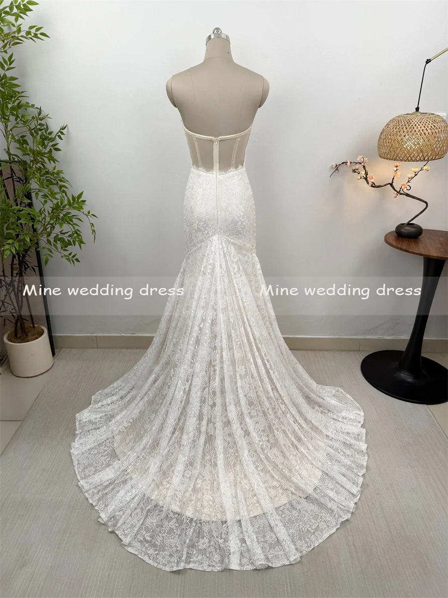 Personalizado querida 3/4 mangas alargamento sereia rendas vestidos de casamento sem costas ver através e zíper vestidos de noiva