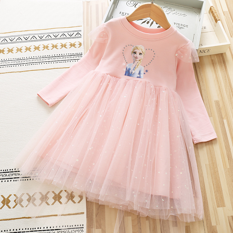 Cartoon Anime Princess Elsa Abito soffice a maniche lunghe Frozen Princess Costume da ragazza Regalo di compleanno Abbigliamento da festa per bambini