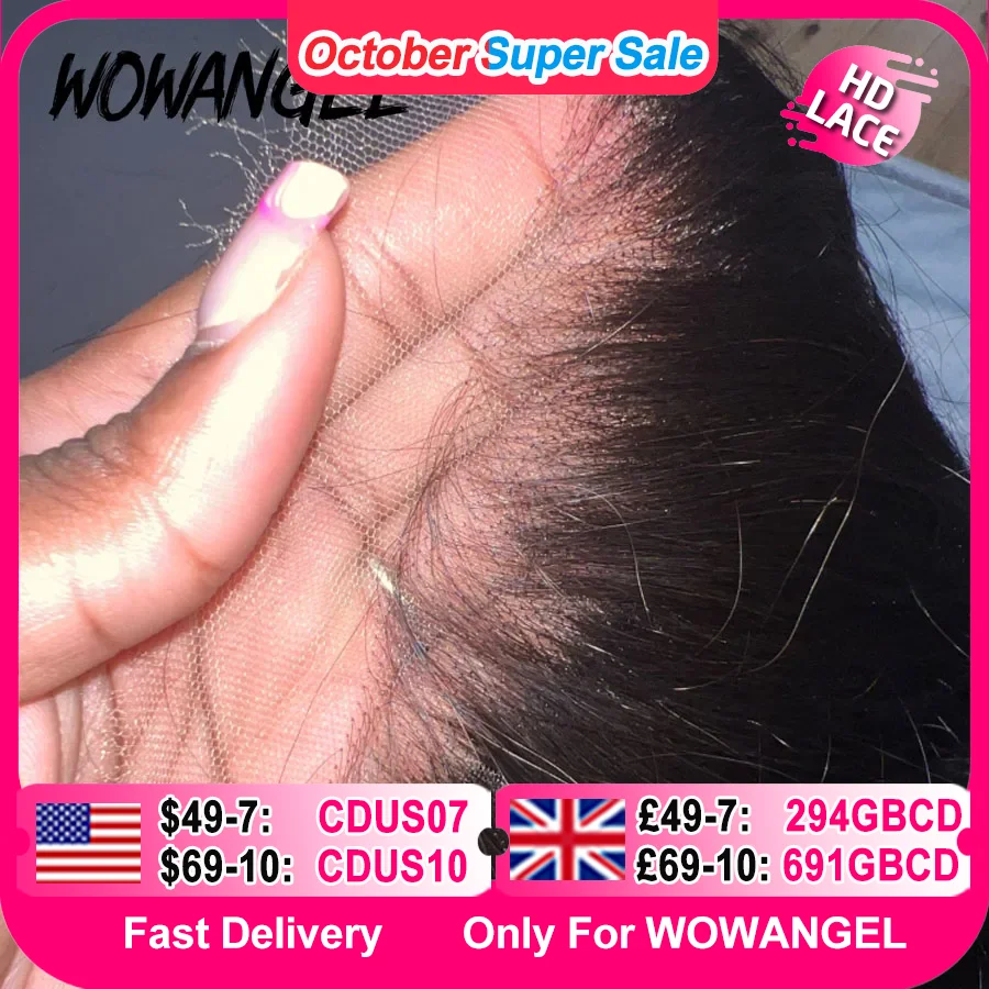 Wow Angel 7X7 6X6 5X5 HD Lace Encerramento Frontal Cabelo Humano Cabelo Reto Derreter Peles Pré Arrombadas HD Lace Encerramento Apenas Cabelo Virgem
