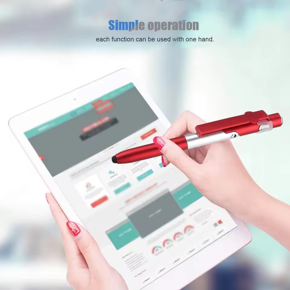 Multifunction 4-in-1 Foldable Ballpoint Pen Stylus (Flashlight + Support) for Tablet Cellphone