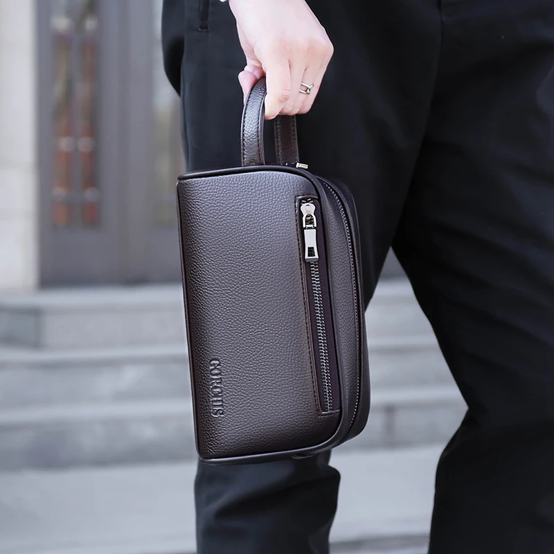 High Quality Top Layer Cowhide Double Zipper Handbag Anti-theft Wallet Card Bag Password Lock Buckle Bag For Men's Sacoche Homme
