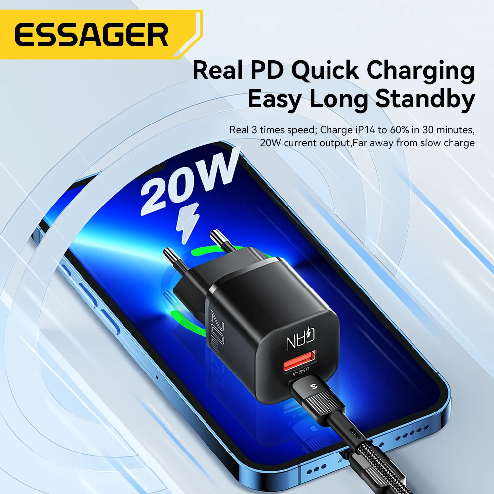 Essager 20 Вт GaN USB Type C Зарядное устройство PD Быстрая зарядка Телефон QC 3.0 Быстрое зарядное устройство для iPhone 14 13 12 11 Pro Max Mini iPad Зарядка