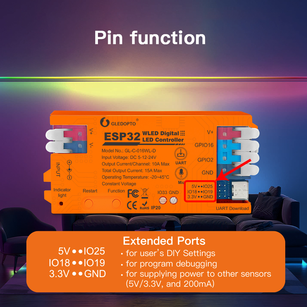 ESP32 WLED LED-Streifen-Controller mit MIC Typ C UART DC5-24 V 15 A 800 LEDs SM16703 PSK6812 WS2811 WS2812B FL19038 kompatibel