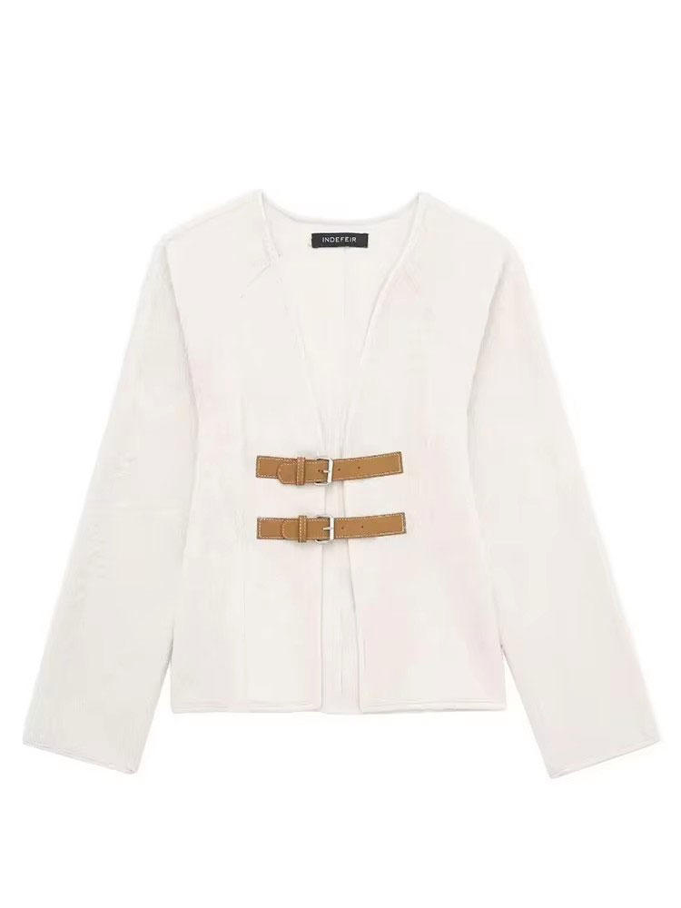 HH Retro lederen gesp wollen jas damesmode effen v-hals lange mouw beige jas herfst lente chique vrouwelijke streetwear