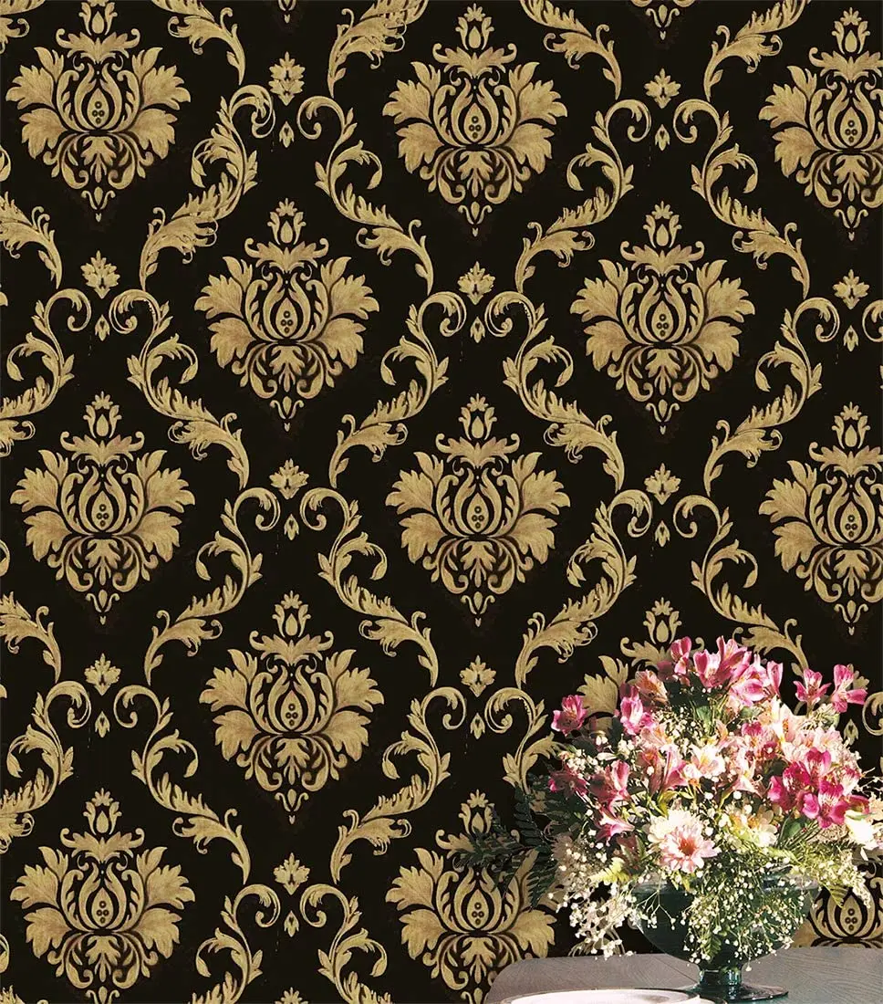 Damask Peel และ Stick วอลล์เปเปอร์สีดําทอง Pre-Pasted กระดาษติดต่อแบบถอดได้ไวนิล Self-Adhesive สติกเกอร์เฟอร์นิเจอร์สําหรับ Home