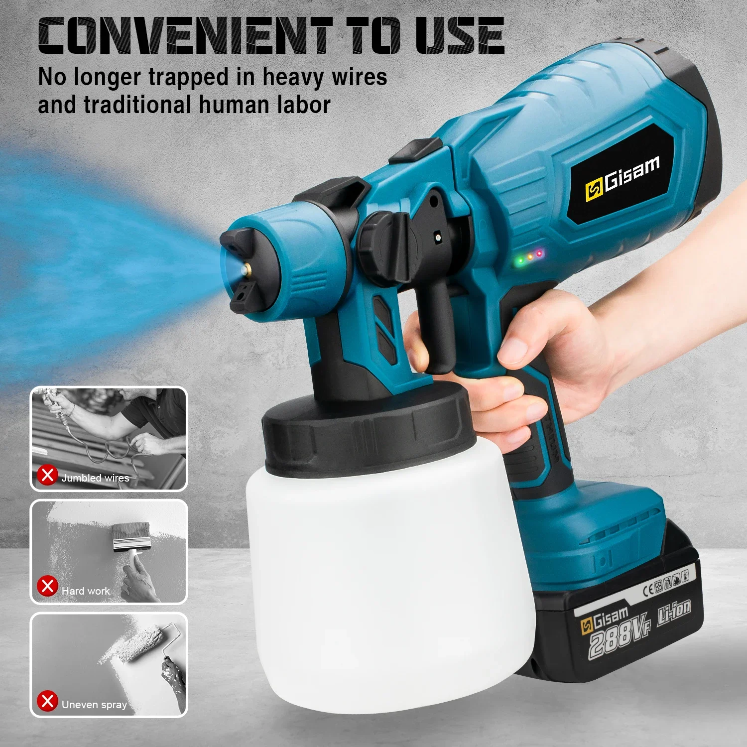 Gismis-pISTOLA DE PULVERIZACIÓN eléctrica para el hogar, pulverizador de pintura inalámbrico HVLP, aerógrafo con revestimiento de acero para muebles de coche, batería de 18V Pi, 1000ML