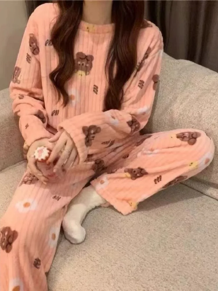 Conjunto de Pijamas Fs de Coral Fce Adorável e Aconchee para Outono e Inverno, Roupas Casuais para Casa com Cal...