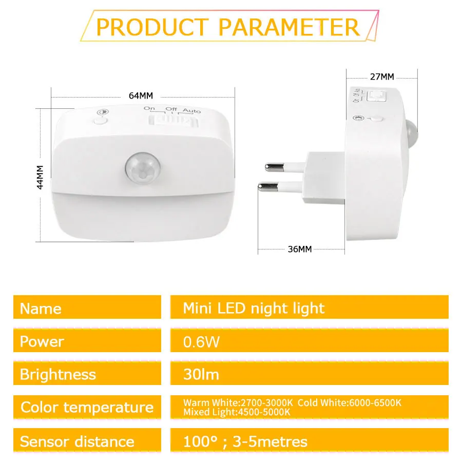Luce notturna a LED Spina europea con sensore di movimento intelligente Lampada da parete 220V per corridoio domestico WC Corridoio Scala Cucina Camera da letto Lampada da notte