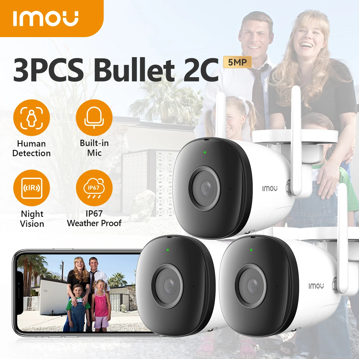 IMOU 3PCS Bullet 2C 5MP Wifi Camera Resistente alle intemperie AI Rilevazione umana Telecamera IP di sorveglianza esterna Commercio all'ingrosso