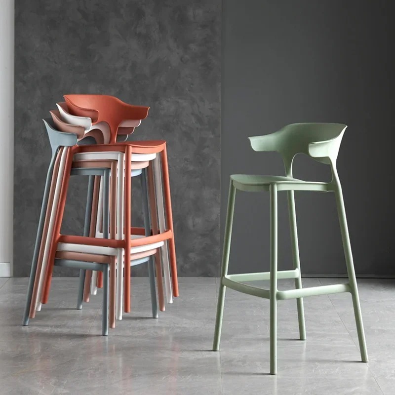 Nordic Simple Bar Stools Modern Minimalist Plastic Chairs for Bar Kitchen Stackable High Stool with Backrest Space-Saving Design