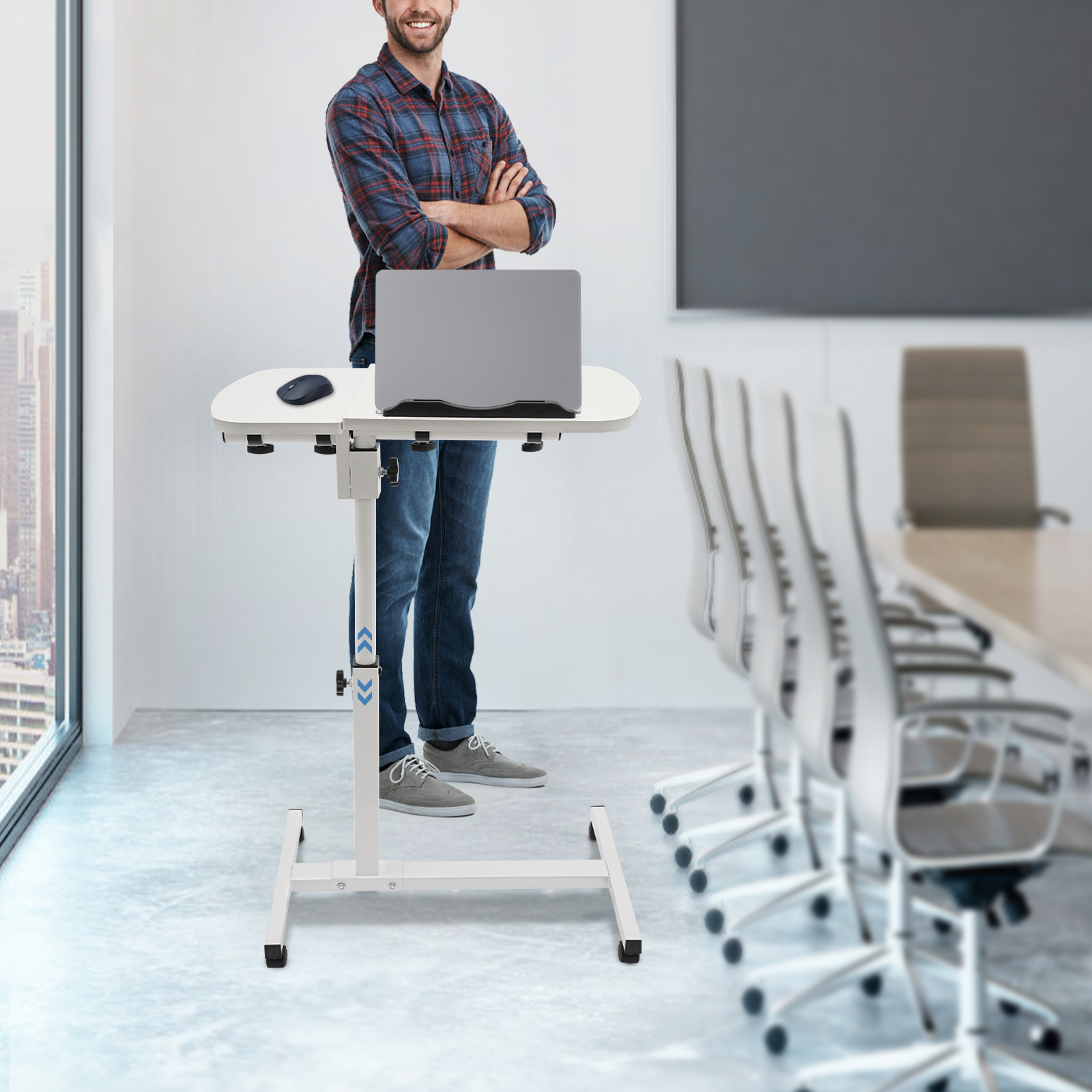 White MDF Carbon Steel Adjustable Laptop Desk Stand Bedside Desk Stand With 360° Swivel Wheels With Brake Function For Bedroom
