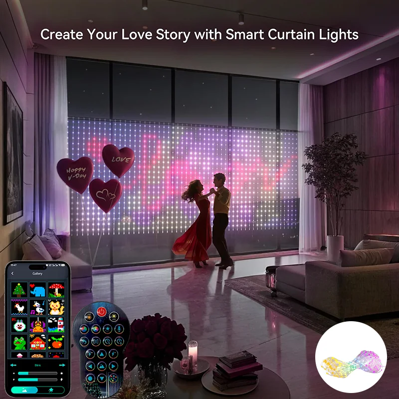LED 스마트 커튼 조명 RGBIC 스트링 라이트 USB 충전 앱 제어 DIY 패턴 음악 동기화 침실 야외 파티 조명