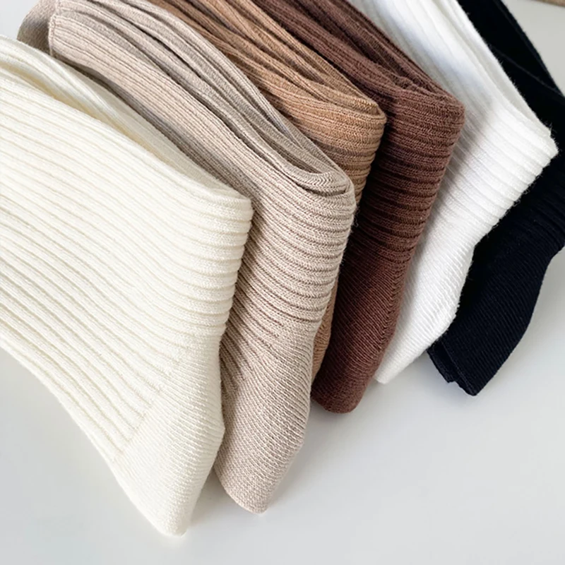 5 pares de calcetines de longitud media de Color sólido para mujer, calcetines de algodón informales para mujer, calcetines simples de longitud media para otoño para mujer