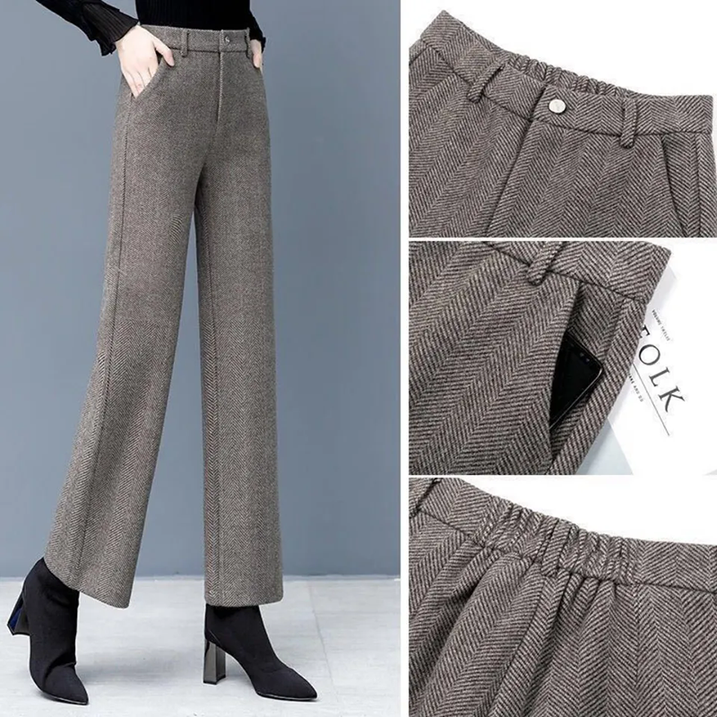 Women Woolen Loose Wide Leg Pants Korean High Waist Baggy Solid Wool Blend Pantalones Fall Winter New Straight Calcas Feminina