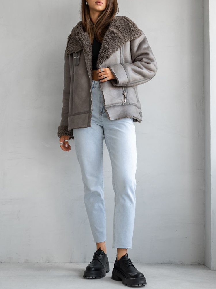 Ailegogo 秋冬女性ルース厚く暖かいフェイクスエードレザーファージャケットストリート女性ヴィンテージスプライシングコートシックな生き抜く