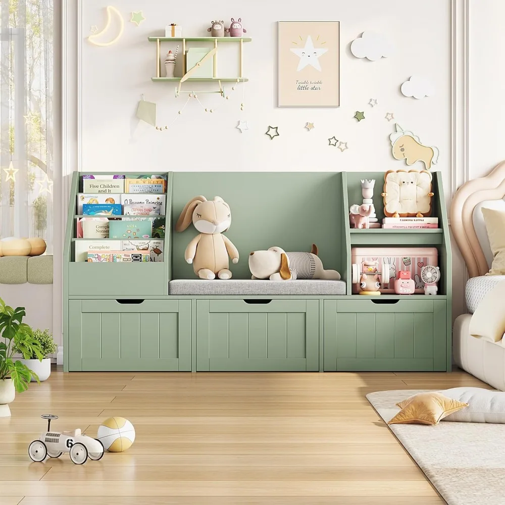 55.1’’ Kids Bookshelf with Reading Nook, Toy Storage Organizer with Seat Cushion and 3 Movable Drawers, Kids Reading Nook Toy O