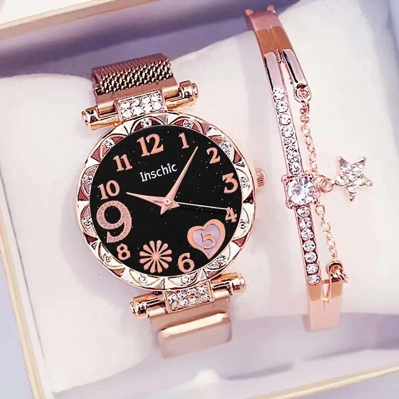 2 pçs/set moda flor dial relógio feminino ímã fivela malha banda relógios de quartzo estrela pulseira conjunto (sem caixa)