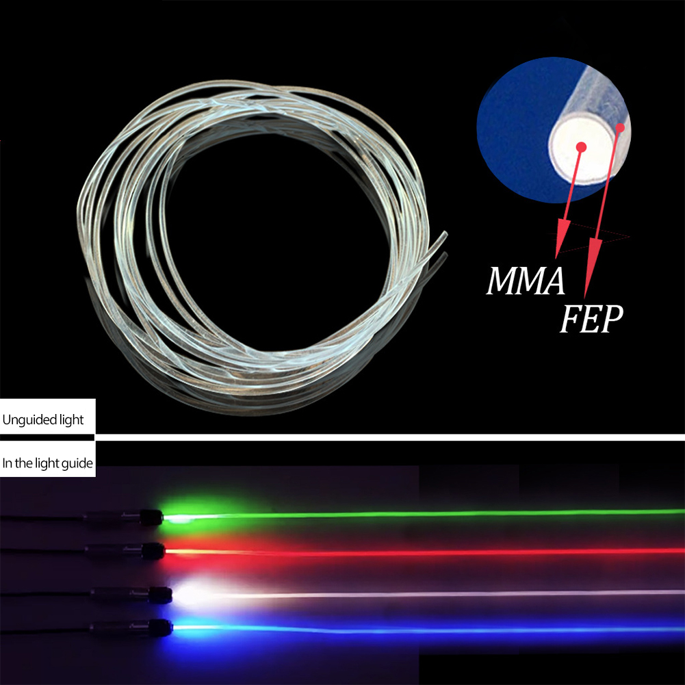 Cabo de fibra óptica com brilho lateral longo, 1m, pmma, 1.5mm/2mm/3mm de diâmetro para luzes led de carro, luz de cabo de fibra óptica brilhante