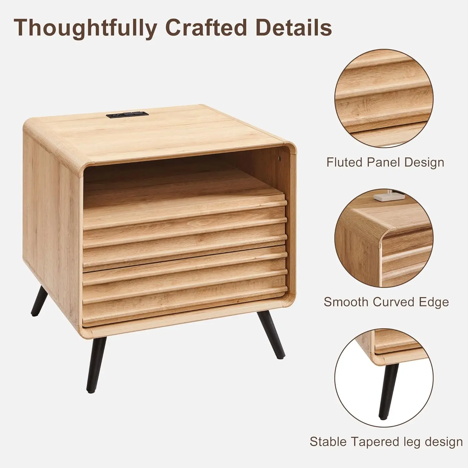 Night Stand with Charger Station, Mid Century Modern Fluted End Table with 2 Drawers, Wooden Side Table with Open Cub