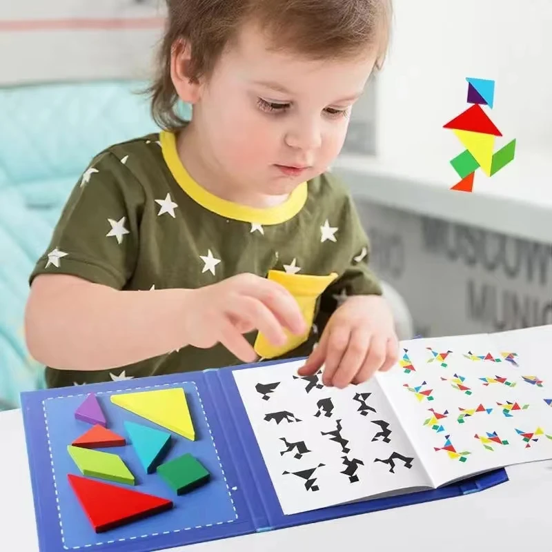 1Set Houten Magnetische Tangram Puzzel Boek Educatief Speelgoed Voor Kinderen Baby Kid Draagbare Montessori Leren Intelligentie