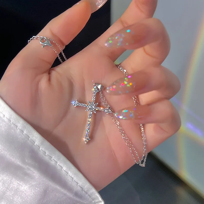 여자를위한 패션 여성 크리스탈 지르콘 크로스 펜던트 목걸이 여자 크리스탈 체인 목걸이 펑크 파티 쥬얼리