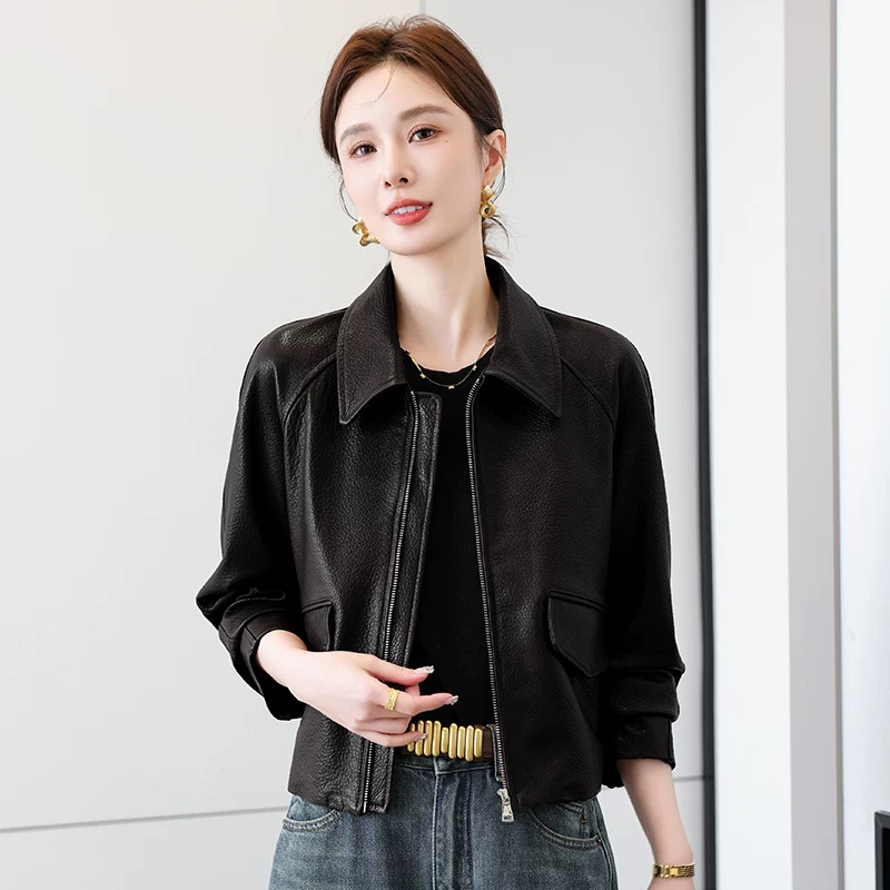 2025 Lente damesjas van zwart echt leer van echt schapenvacht