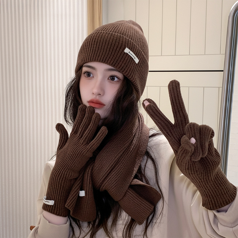 Solid Color Yarn Hat Scarf Gloves Three Piece Set Autumn And Winter Imitation Cashmere Warm New Year's Christmas Set Pretend