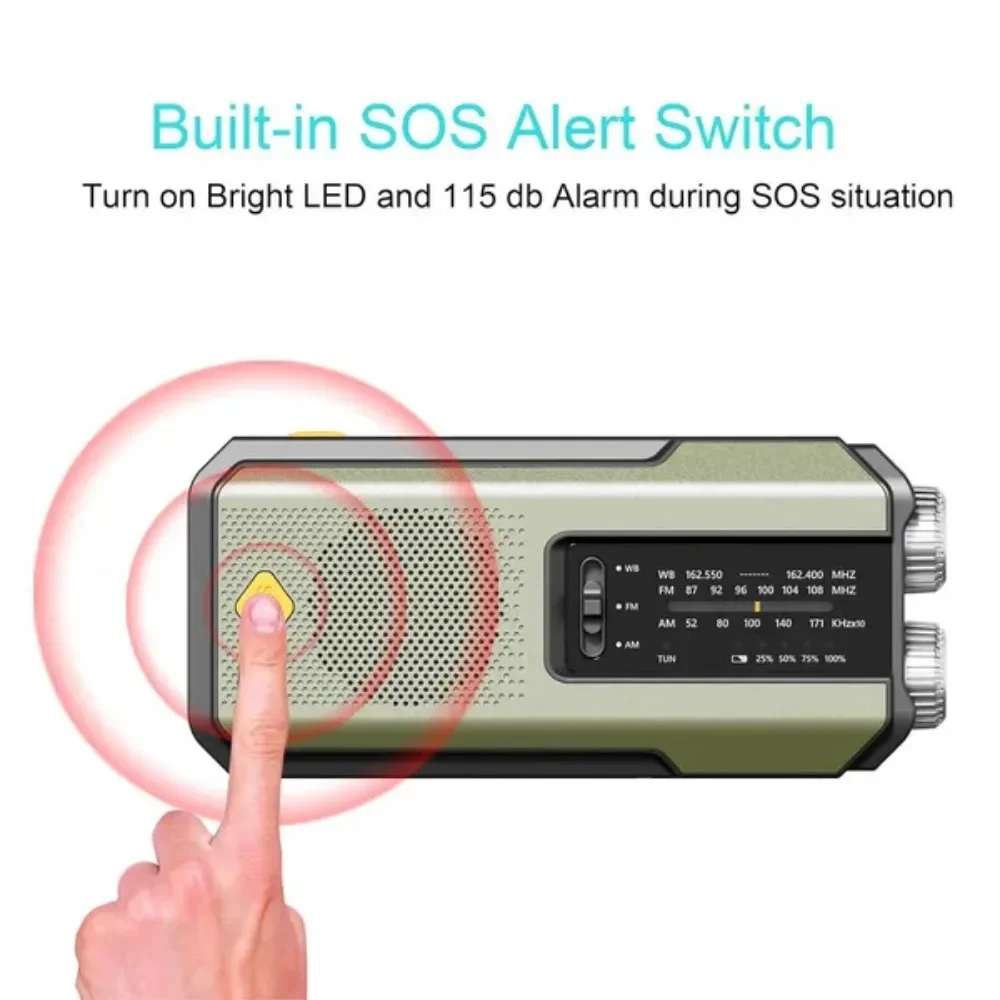 Portable Solar Crank Emergency Radio Global FM Receiver LED Flashlight 2000mAh High Quality SOS Alarm