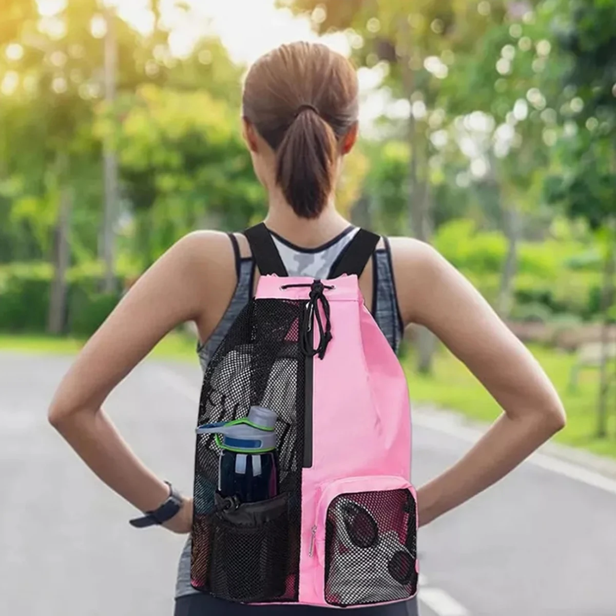 Zaino da spiaggia all'aperto, borsa da nuoto, zaino con coulisse traforata in rete con borsa bagnata, borsa per esercizi yoga da palestra, 1 set