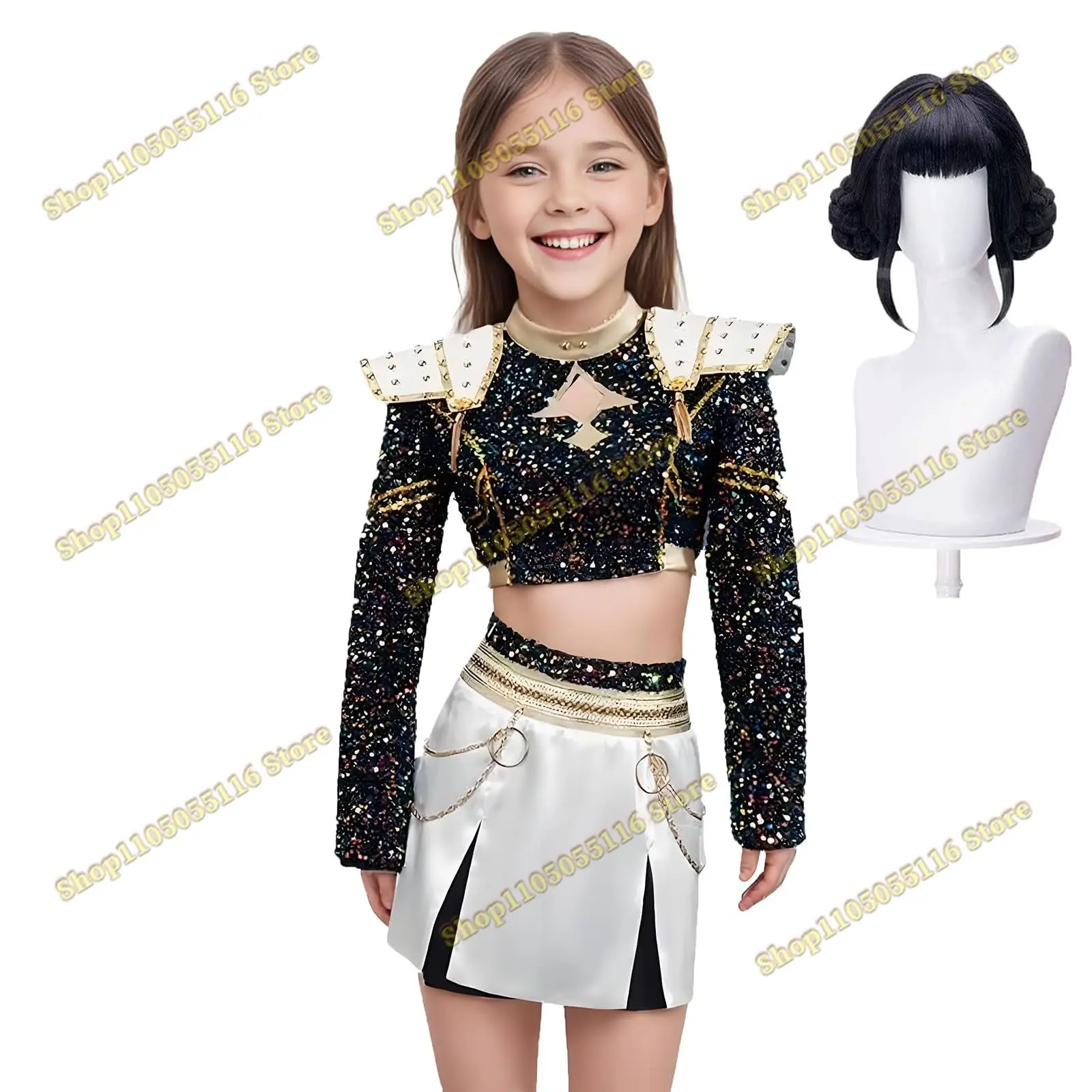 Kostum Pemburu Setan Natal Cosplay Rumi/Zoey/Mira Kostum Halloween Seragam Pertunjukan Hitam Pemburu Setan Cosplay Emas