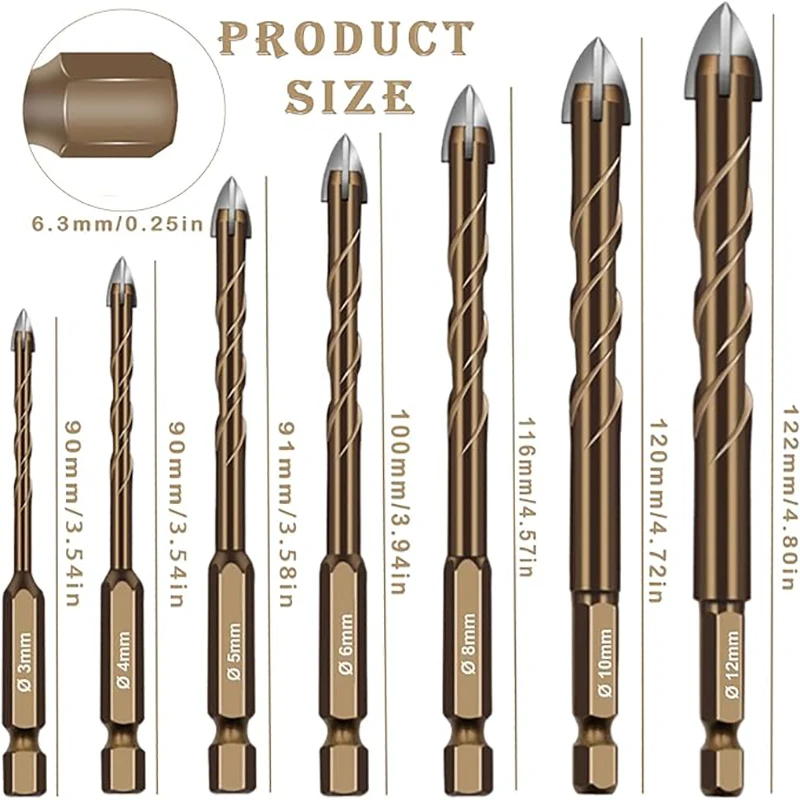 7/6/5PCS Masonry Drill Bit Set For Brick/Tile/Glass/Wood/Plastic Cross Drill Bit Set Hex Shank Cross Tip Drilling Tools Set