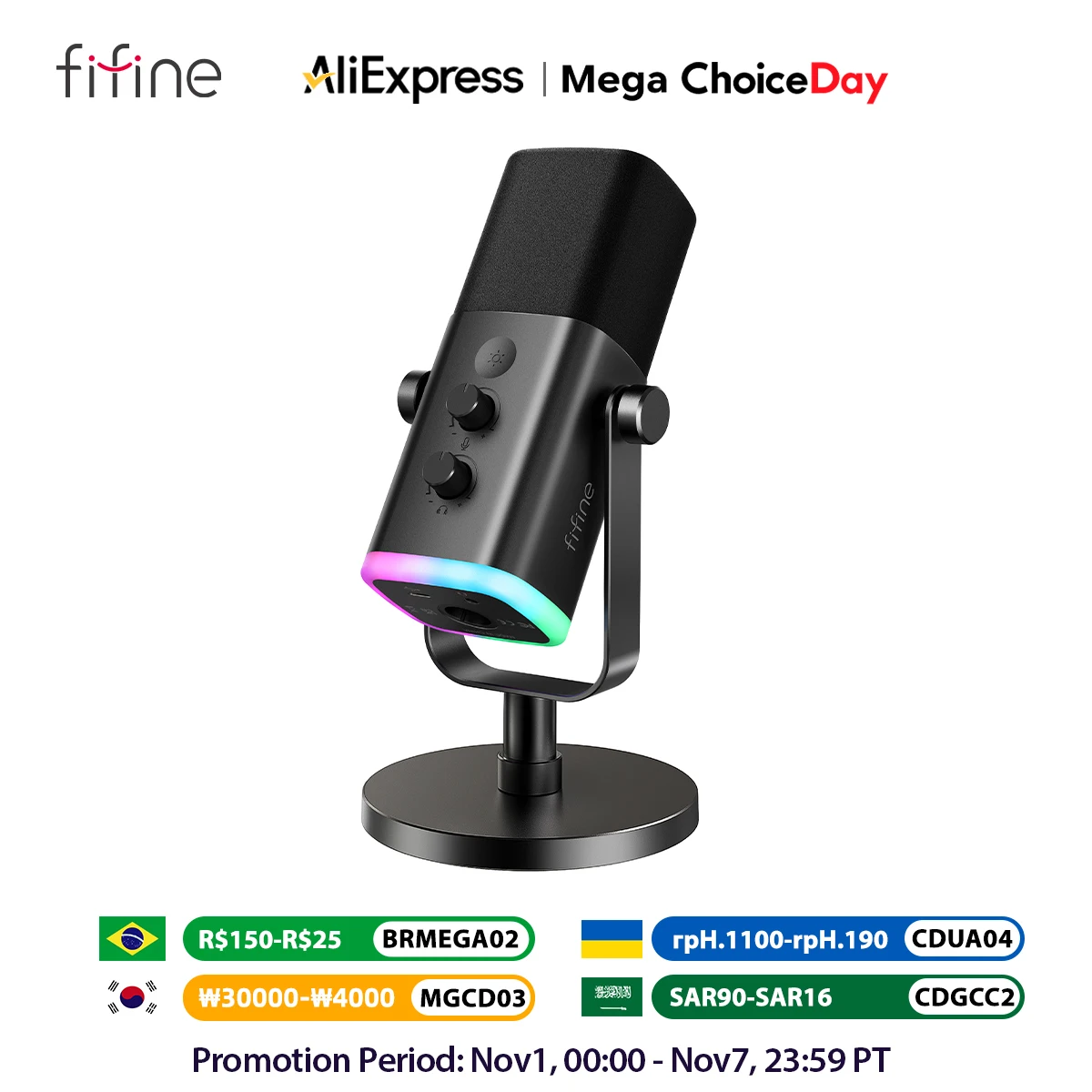 Micrófono dinámico FIFINE USB/XLR con botón de silencio táctil, conector para auriculares, controles de E/S, para mezclador de PC PS5/4, micrófono para juegos Ampligame AM8