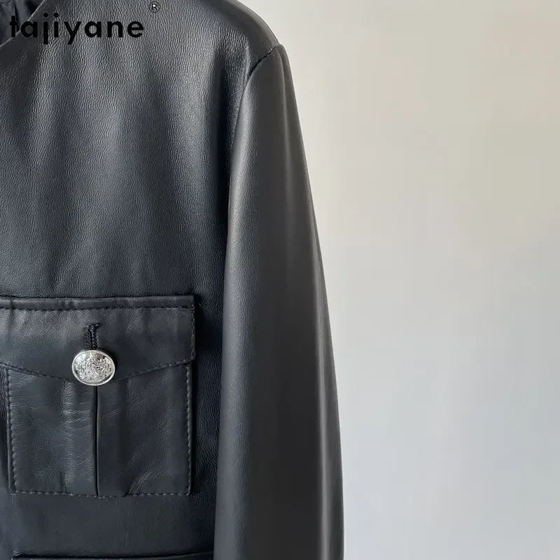 Tajiyane-女性用本革ジャケット,ショート,ラウンドネック,牛革,シングルブレスト服