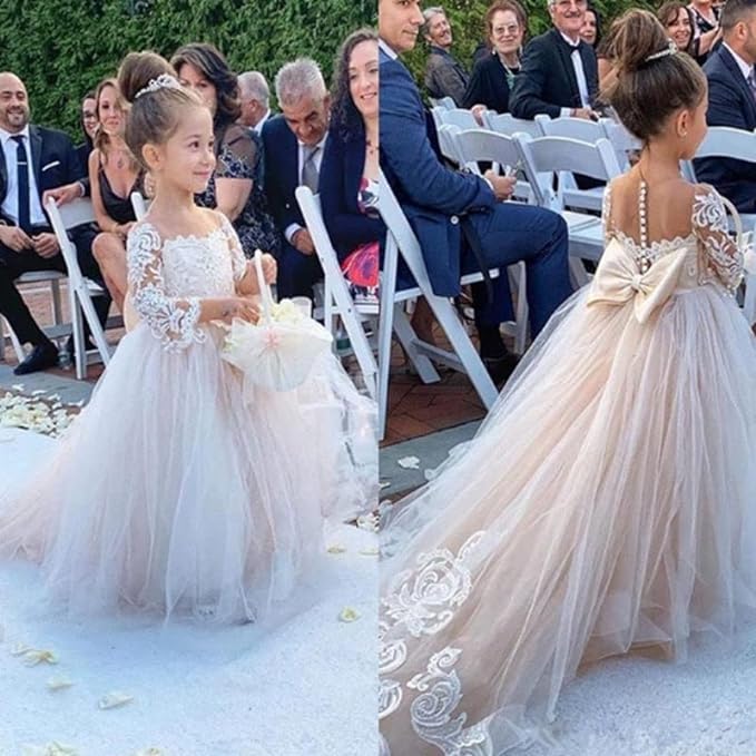 Vestidos de menina de flor de mangas compridas para casamento vestido de dama de honra júnior vestido de primeira comunhão de renda