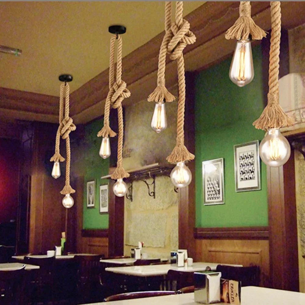 Industriel E27 Vintage chanvre corde pendentif lumières grenier personnalité éclairages intérieurs pour Loft/salon/Bar pendentif lustre