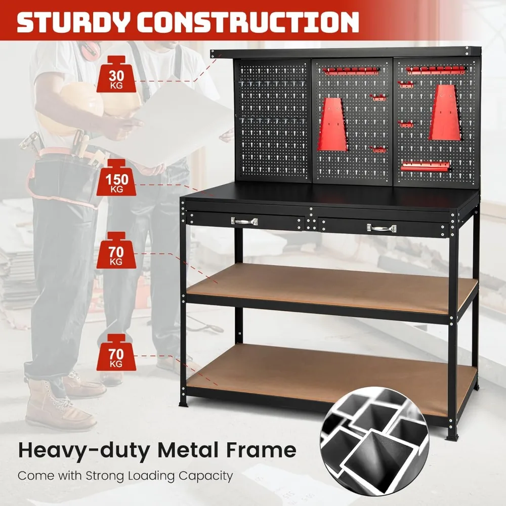 Workbench with Pegboard, 121 X 61 X 156 Cm Garage Work Bench with 2 Drawers & 25 Hanging Accessories, 435kg Capacity,Workbenches